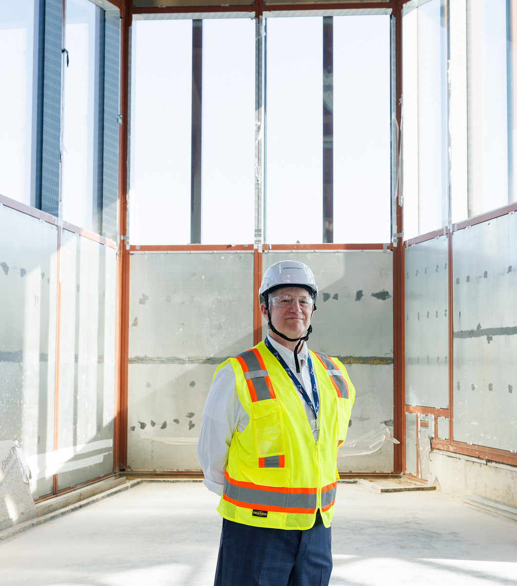 David F. M. Brown, MD inside the construction site of the new Ragon building 