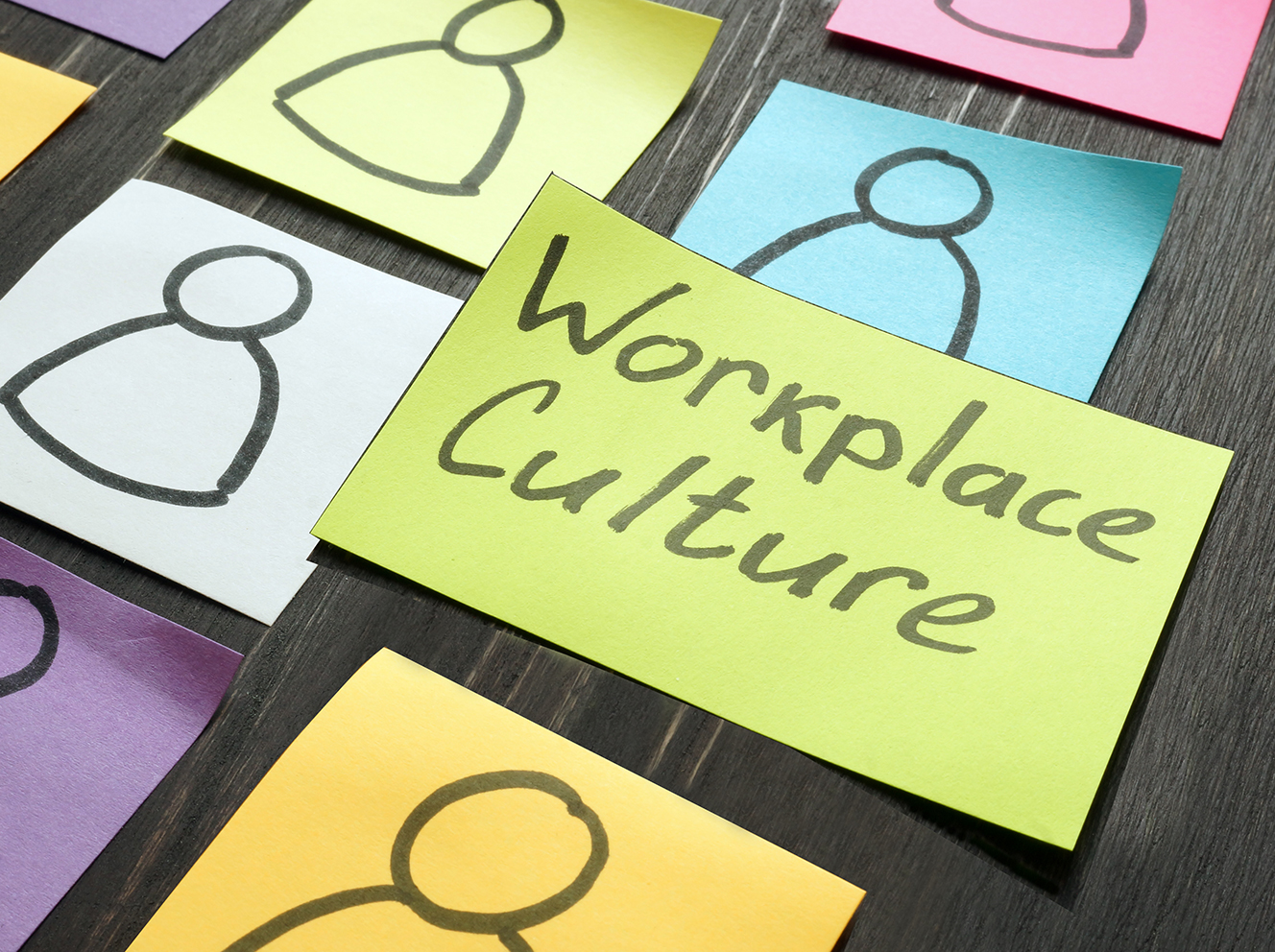 Sticky notes with human figure icons and the phrase "workplace culture"